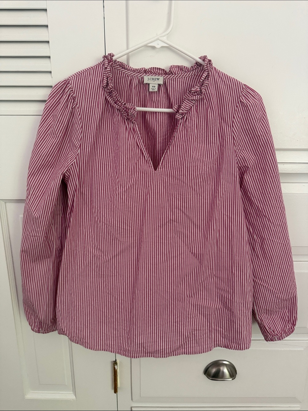 J. Crew Pink and White Striped Ruffle V-Neck Blouse